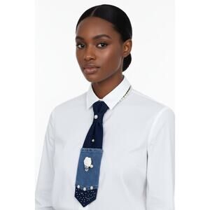 Denim Rose Statement Tie Necklace | Pearl & Floral Accent | 17” Length